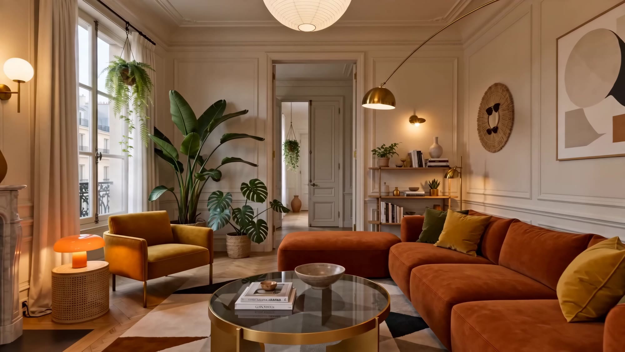 Salon vintage années 70 d'un appartement parisien géré par KDM Conciergerie
